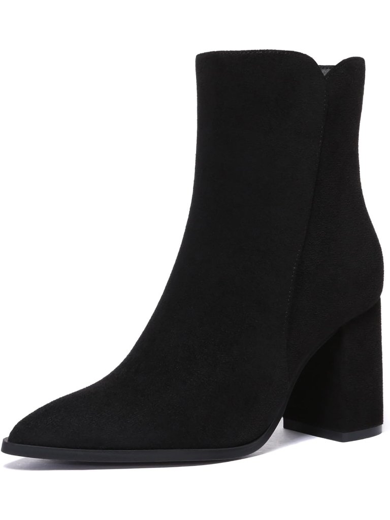 Women's Black Fashion Pointed Toe Chunky Block Heel Side Zipper Short Ankle Boot